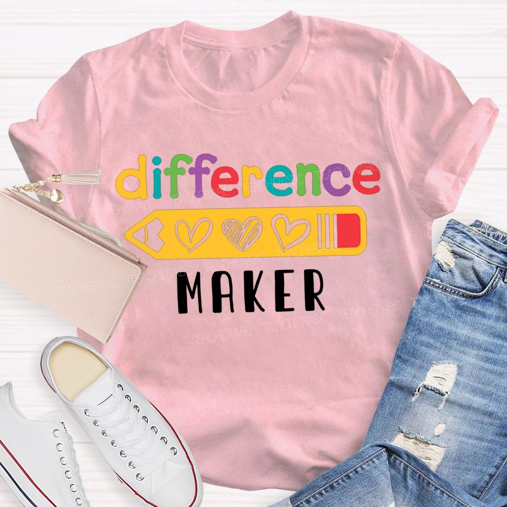 Difference Maker Colored Font And Heart-Shaped Pencil Teacher T-shirt