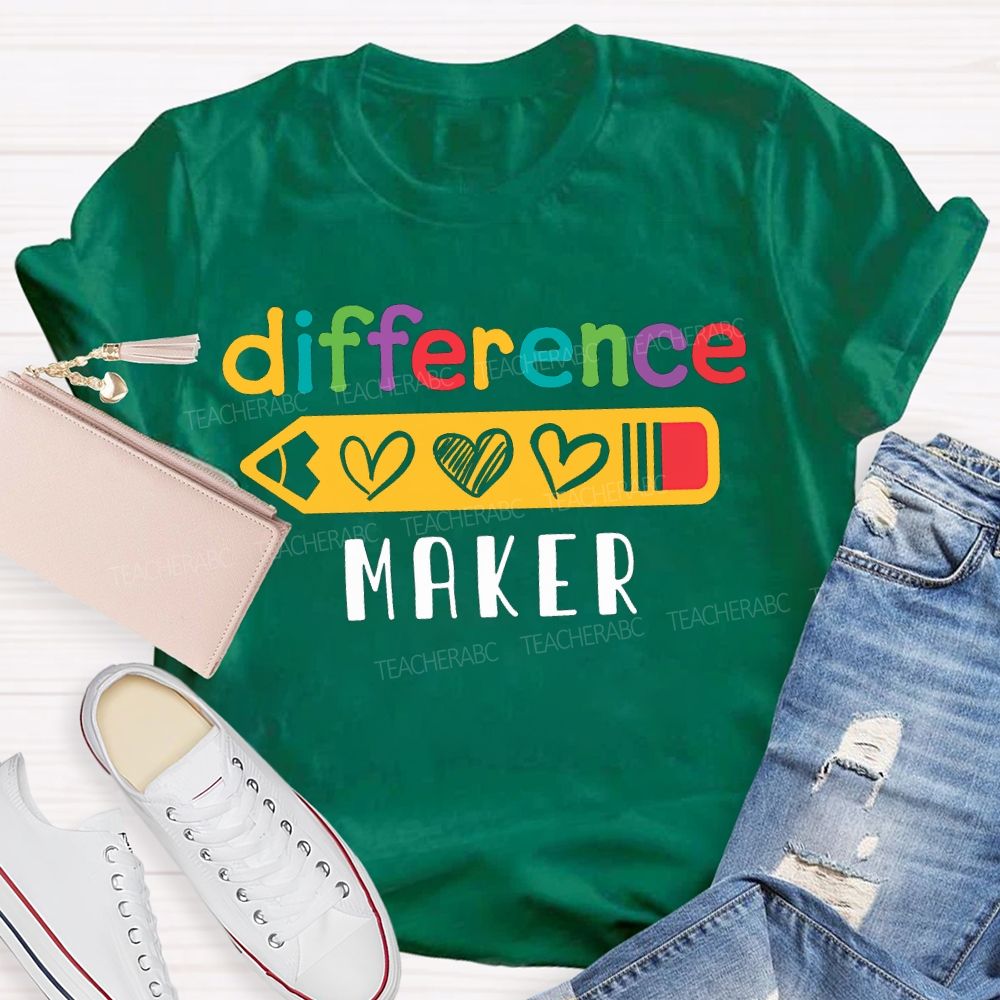 Difference Maker Colored Font And Heart-Shaped Pencil Teacher T-shirt