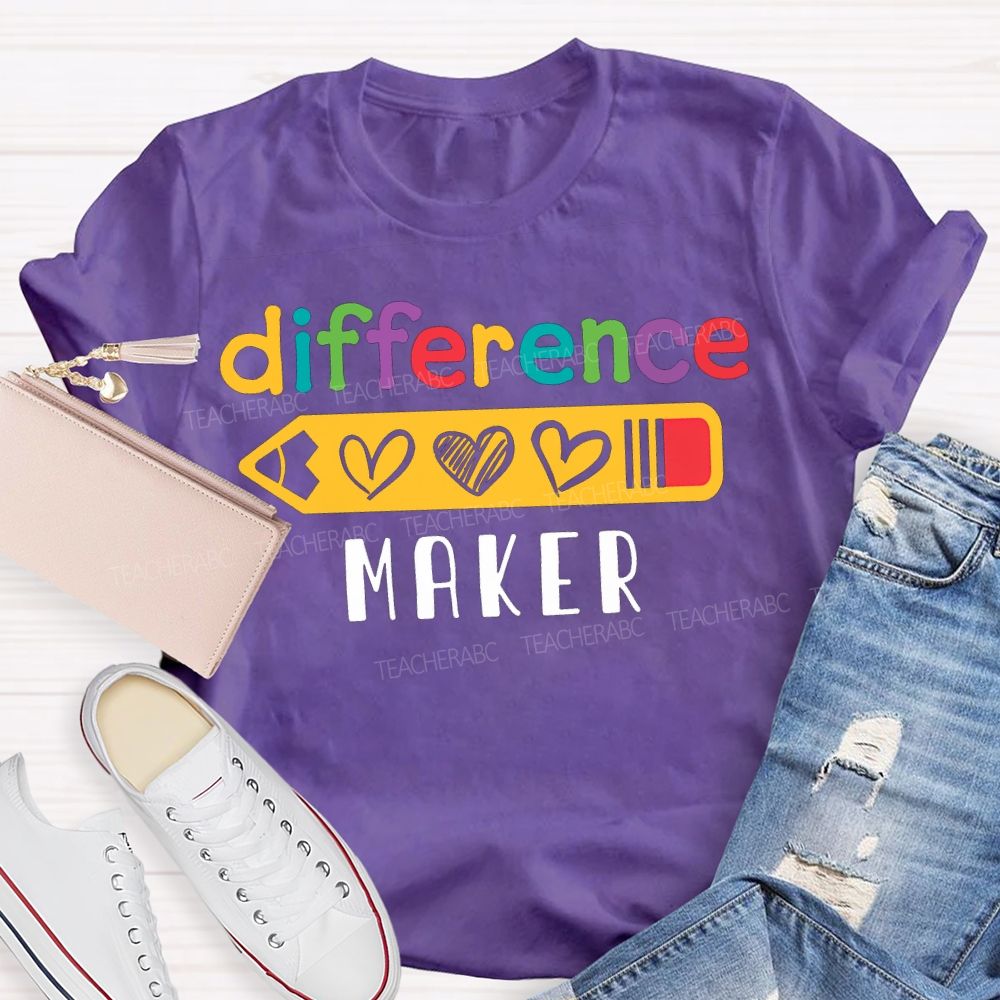 Difference Maker Colored Font And Heart-Shaped Pencil Teacher T-shirt