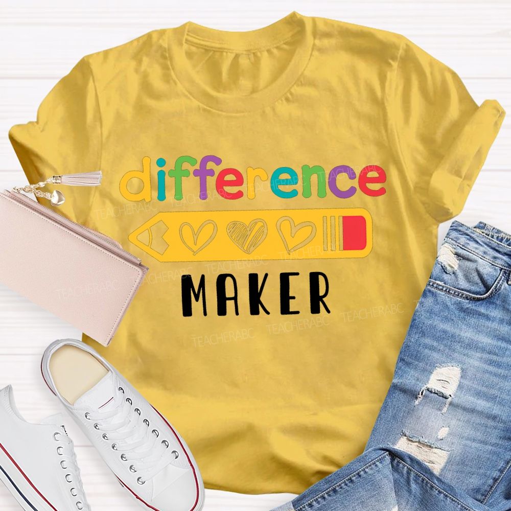 Difference Maker Colored Font And Heart-Shaped Pencil Teacher T-shirt