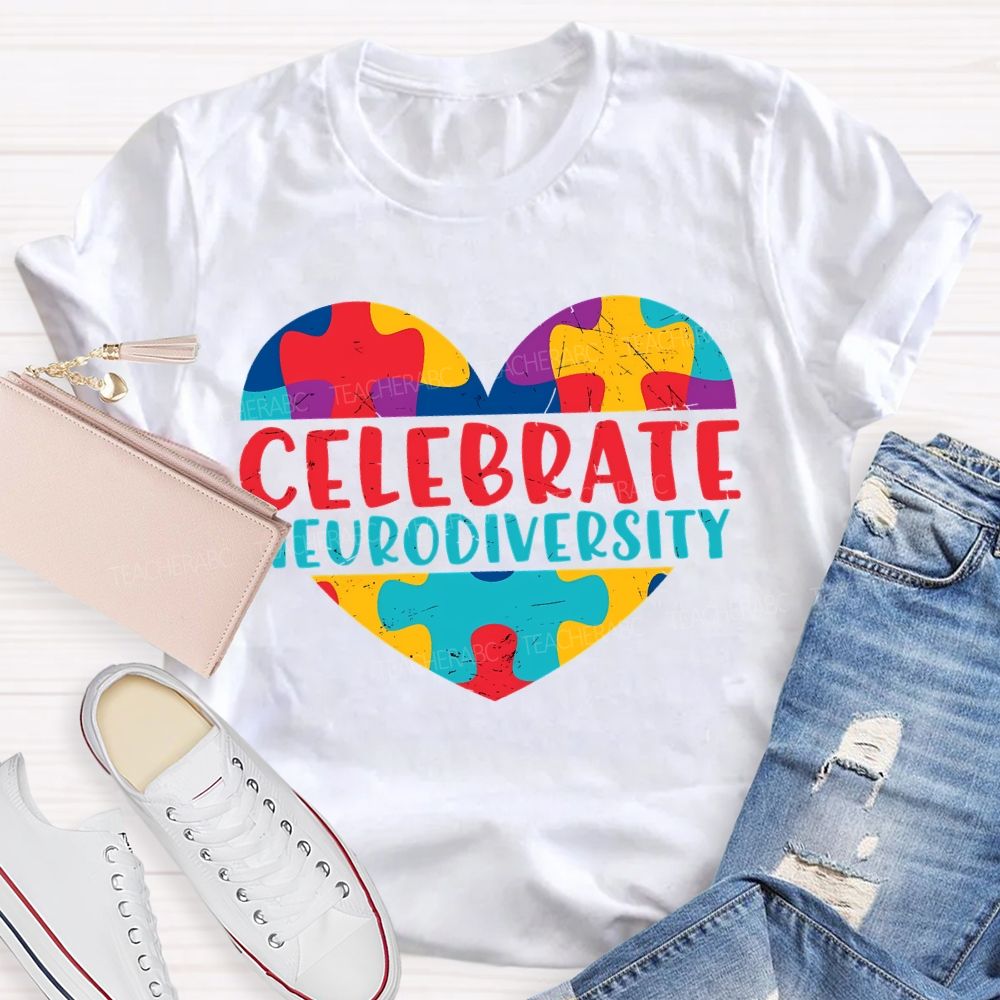 Celebrate Neurodiversity Colored Heart Autism Teacher T-shirt