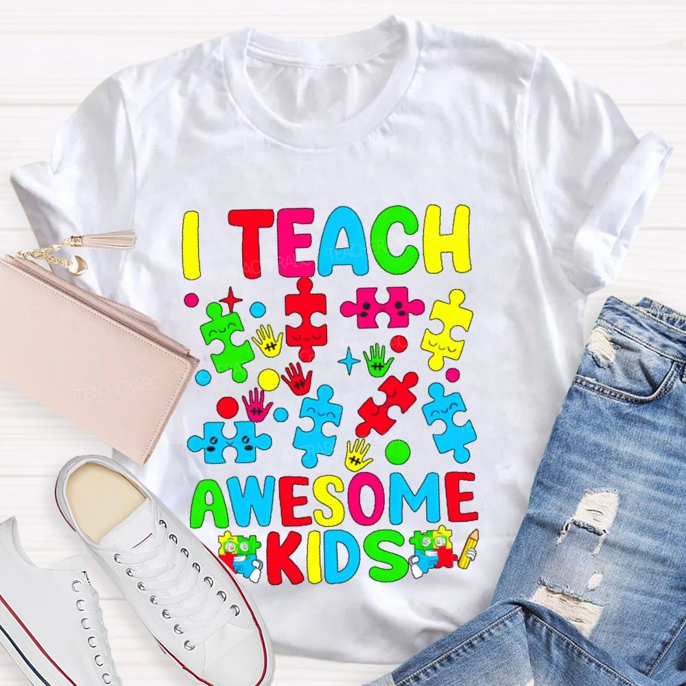 I Teach Awesome Kids Colorful Puzzles Teacher T-shirt