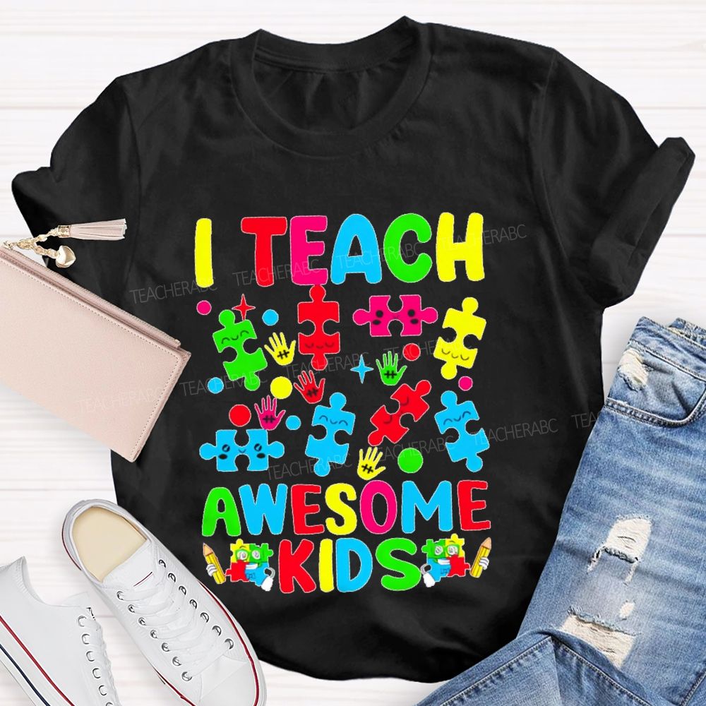 I Teach Awesome Kids Colorful Puzzles Teacher T-shirt