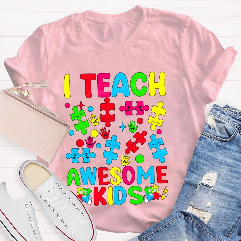 I Teach Awesome Kids Colorful Puzzles Teacher T-shirt