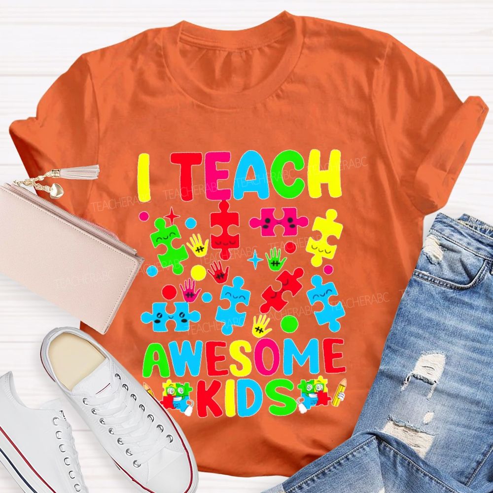 I Teach Awesome Kids Colorful Puzzles Teacher T-shirt