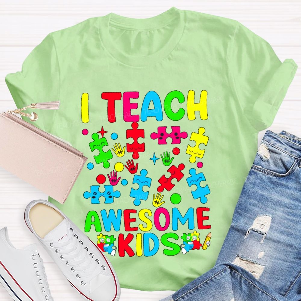 I Teach Awesome Kids Colorful Puzzles Teacher T-shirt