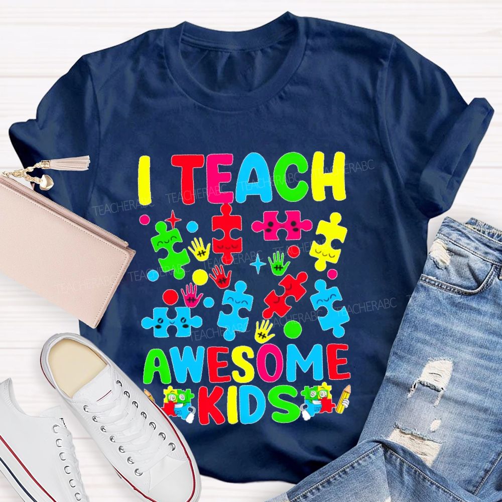 I Teach Awesome Kids Colorful Puzzles Teacher T-shirt