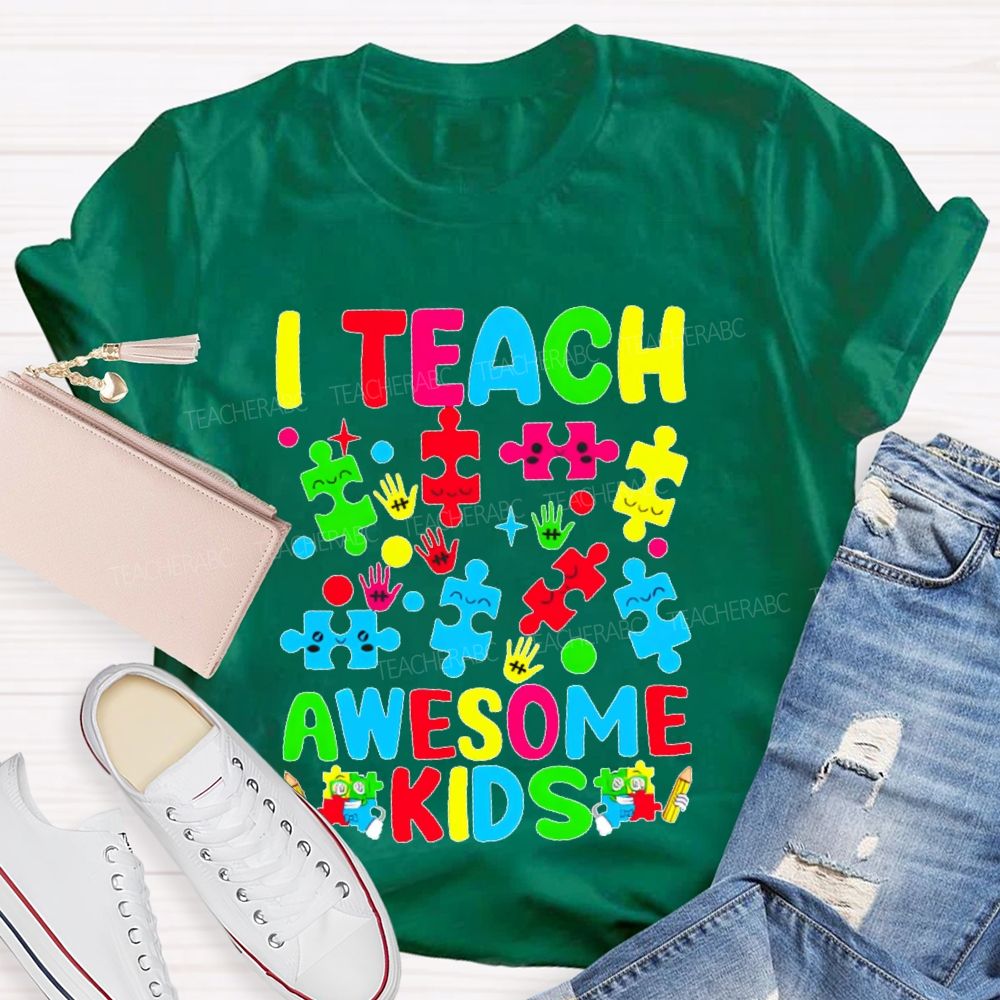 I Teach Awesome Kids Colorful Puzzles Teacher T-shirt