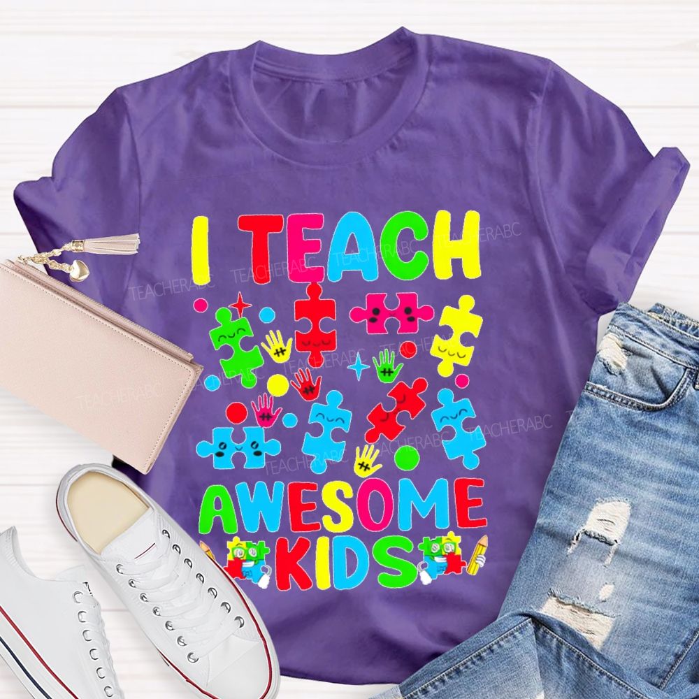 I Teach Awesome Kids Colorful Puzzles Teacher T-shirt