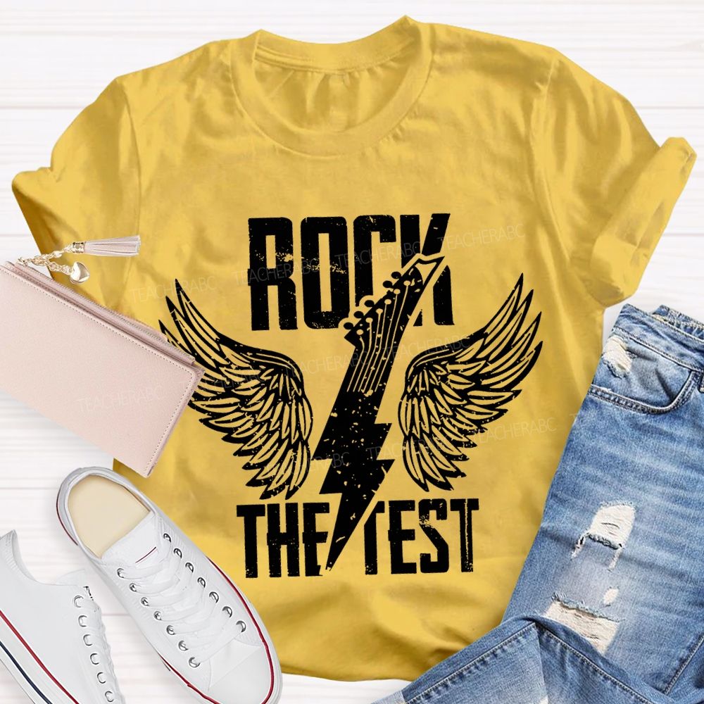 Rock The Test Wings And Lightning Print Teacher T-shirt
