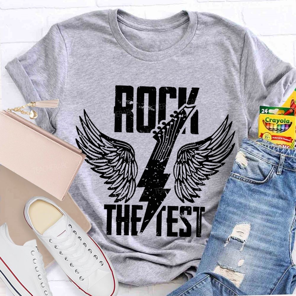 Rock The Test Wings And Lightning Print Teacher T-shirt
