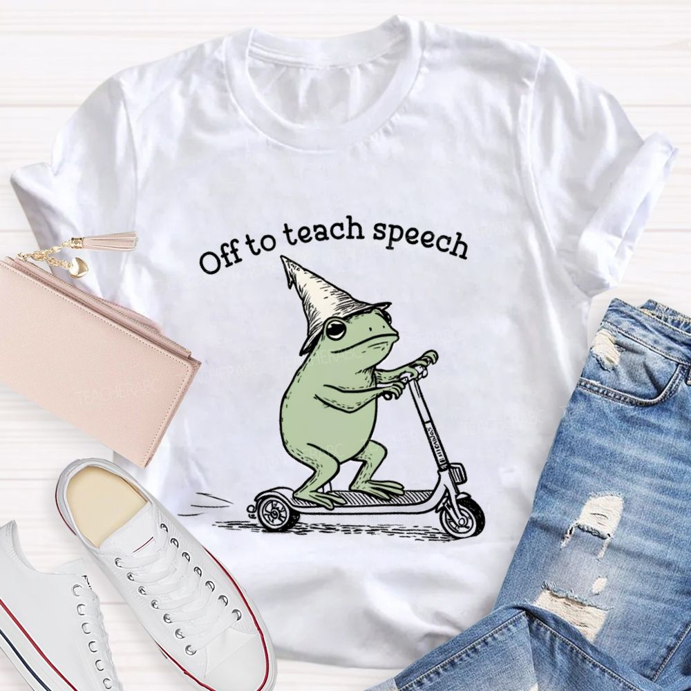 Off To Teach Speech Frog on Scooter Teacher T-Shirt