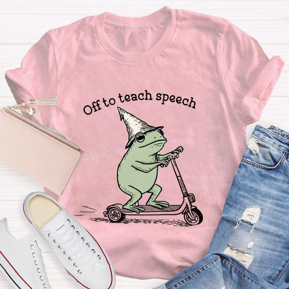 Off To Teach Speech Frog on Scooter Teacher T-Shirt