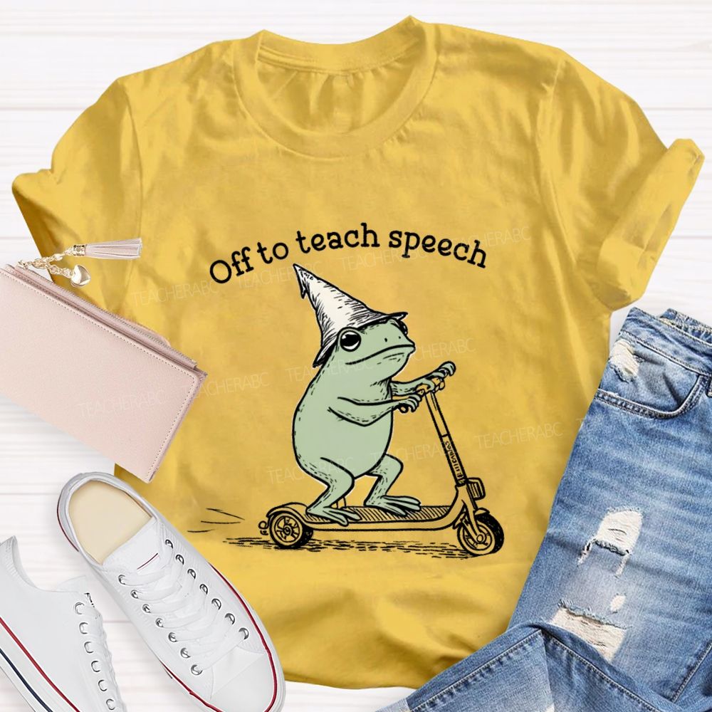 Off To Teach Speech Frog on Scooter Teacher T-Shirt
