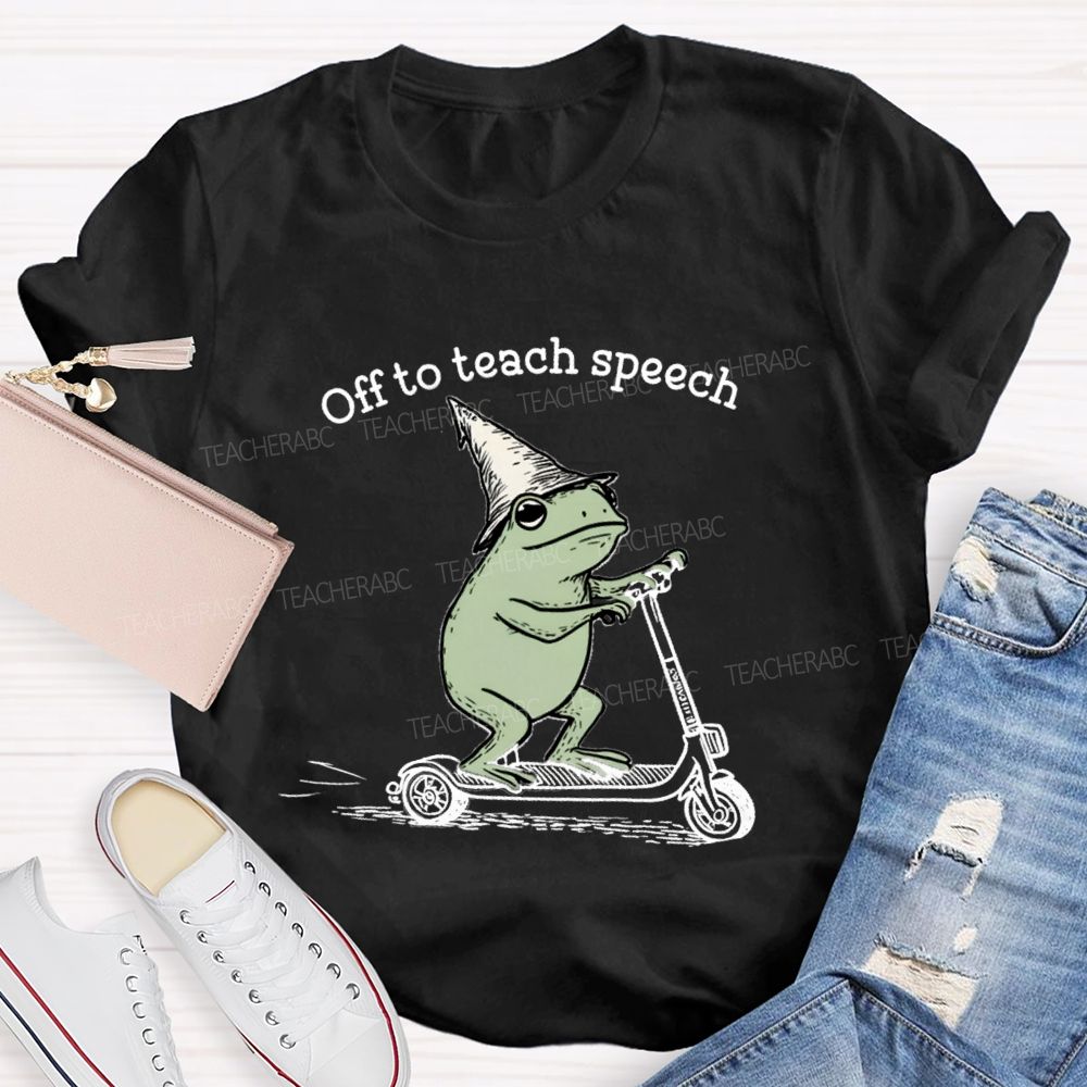 Off To Teach Speech Frog on Scooter Teacher T-Shirt