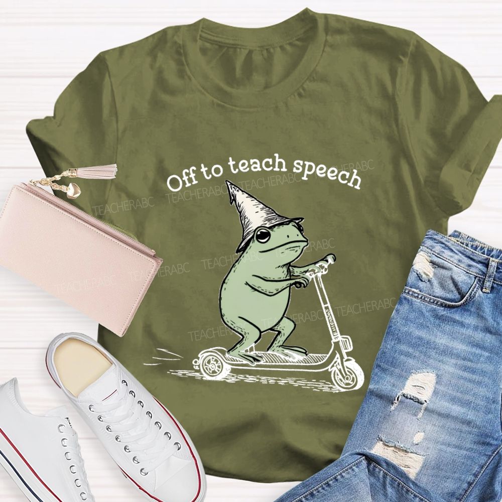 Off To Teach Speech Frog on Scooter Teacher T-Shirt