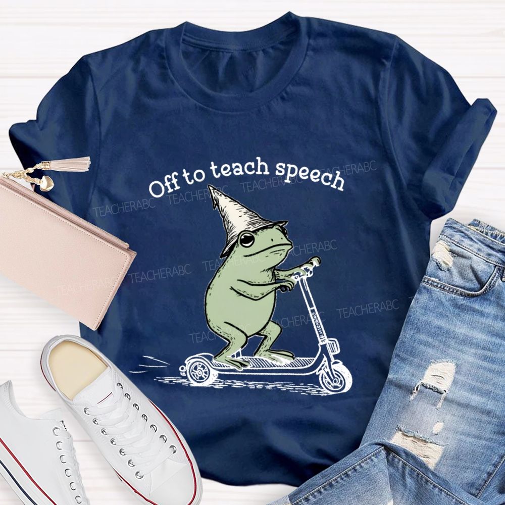 Off To Teach Speech Frog on Scooter Teacher T-Shirt