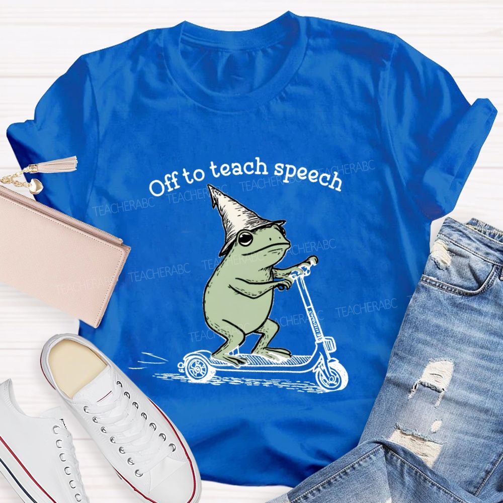 Off To Teach Speech Frog on Scooter Teacher T-Shirt