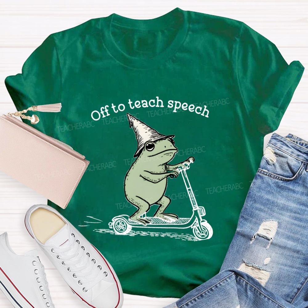 Off To Teach Speech Frog on Scooter Teacher T-Shirt