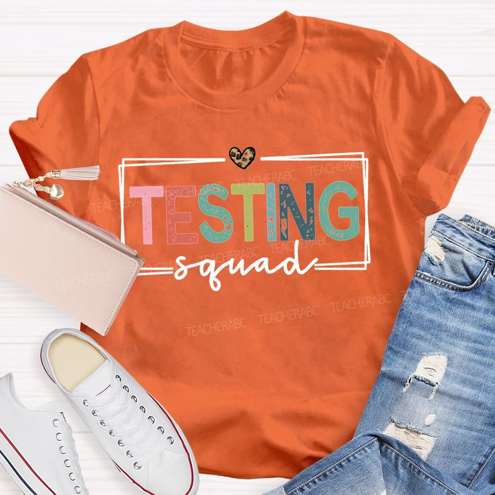 Testing Squad Colorful Font And Leopard Print Hearts Teacher T-shirt