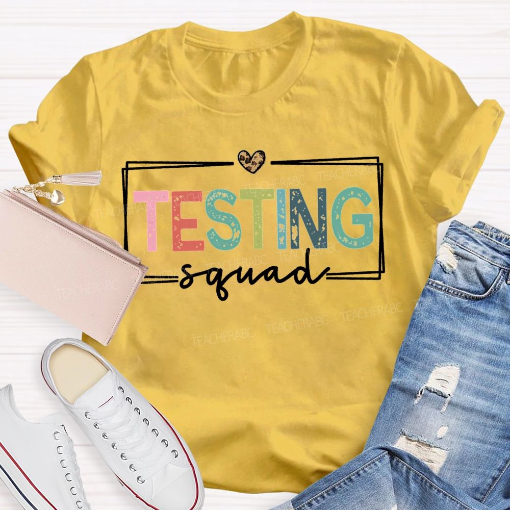 Testing Squad Colorful Font And Leopard Print Hearts Teacher T-shirt