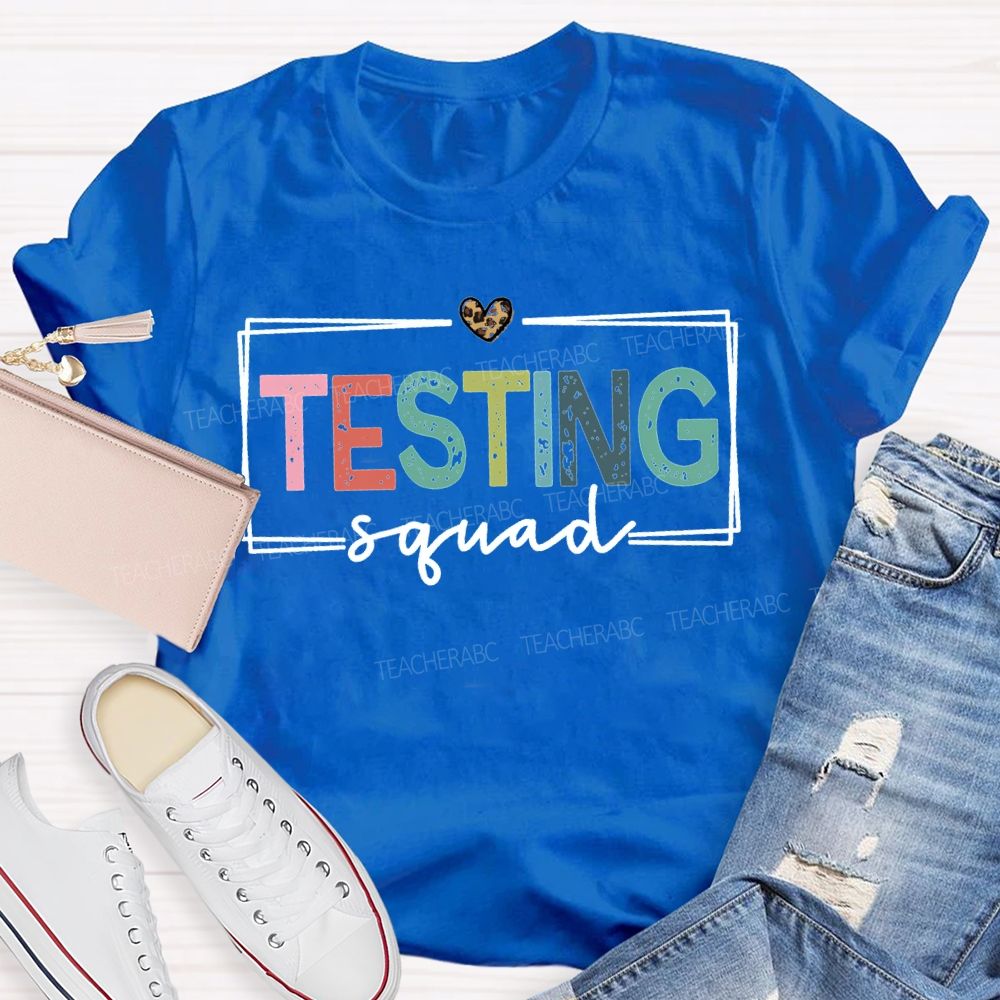 Testing Squad Colorful Font And Leopard Print Hearts Teacher T-shirt