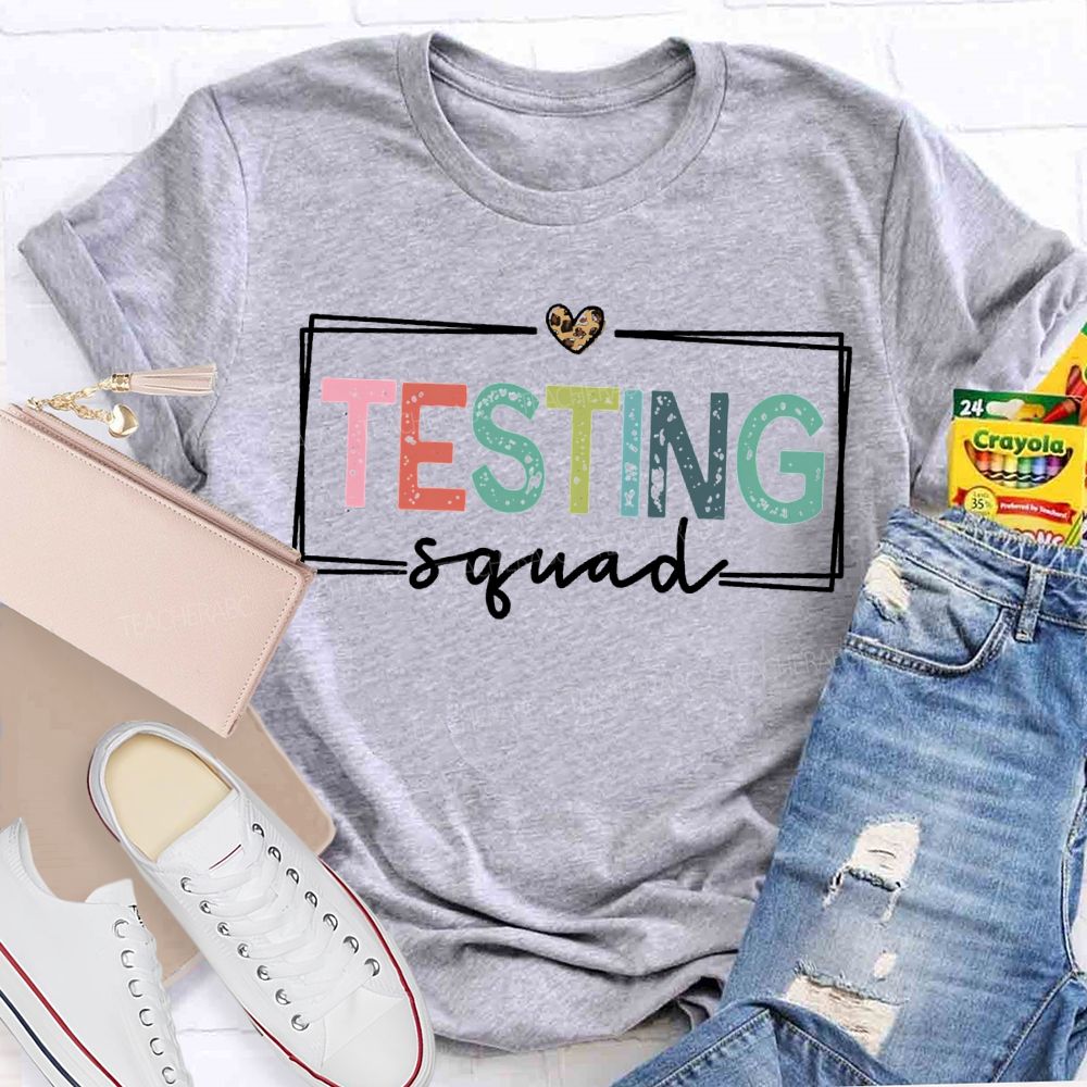 Testing Squad Colorful Font And Leopard Print Hearts Teacher T-shirt