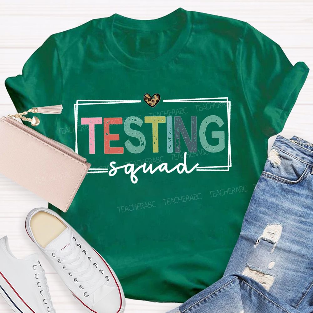 Testing Squad Colorful Font And Leopard Print Hearts Teacher T-shirt