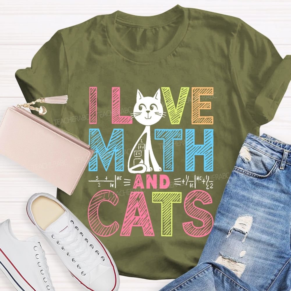 I Love Math And Cats Colorful Letters Patterns  Teacher T-shirt