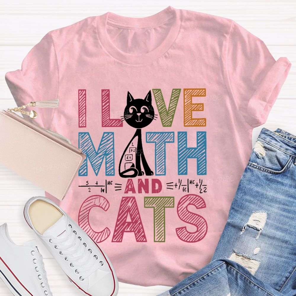 I Love Math And Cats Colorful Letters Patterns  Teacher T-shirt
