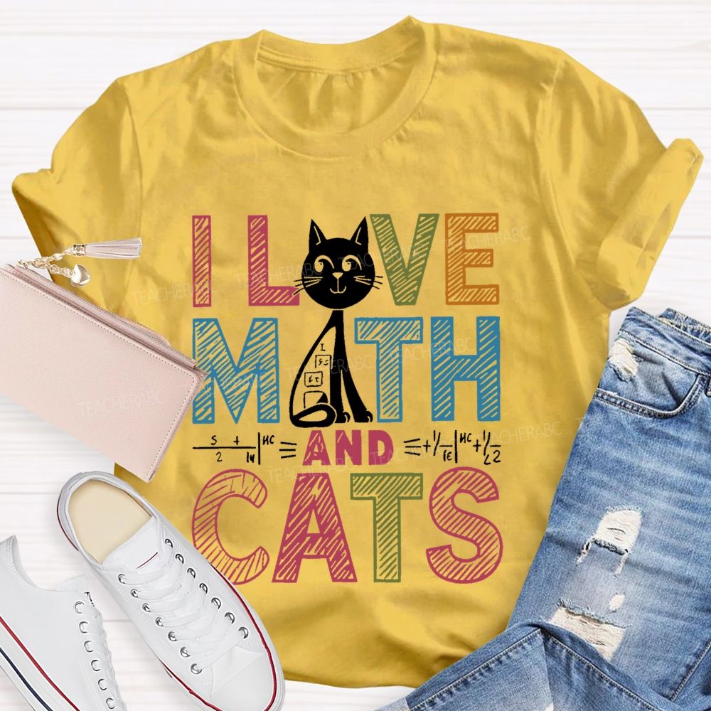 I Love Math And Cats Colorful Letters Patterns  Teacher T-shirt