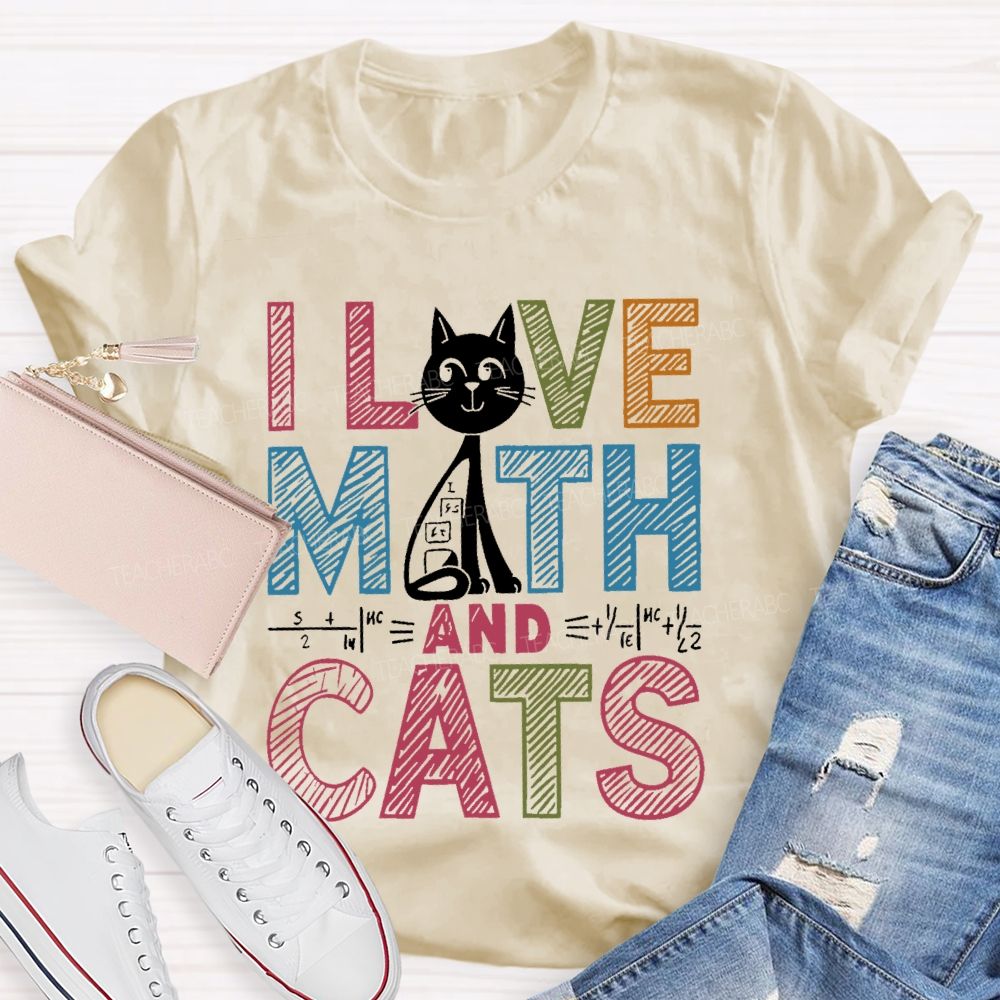 I Love Math And Cats Colorful Letters Patterns  Teacher T-shirt