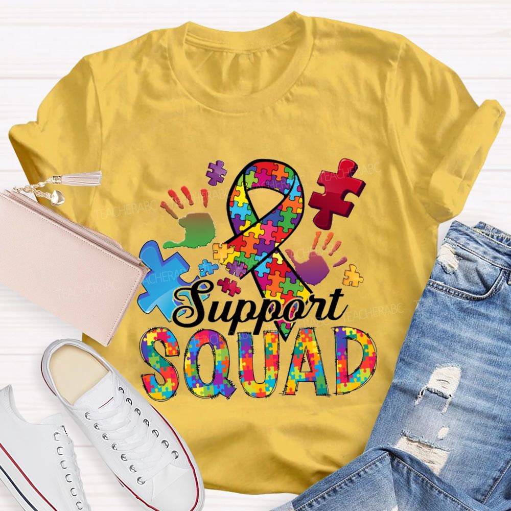 Support Squad Colorful Ribbon Heart Puzzle Teacher T-Shirt
