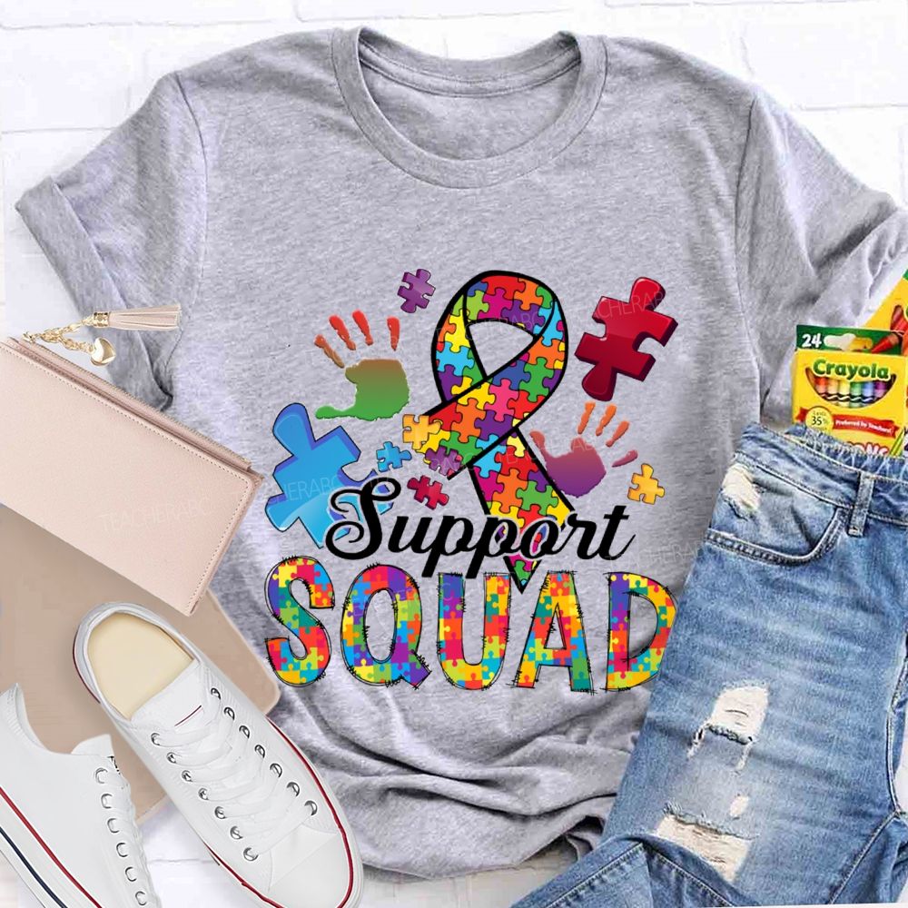 Support Squad Colorful Ribbon Heart Puzzle Teacher T-Shirt