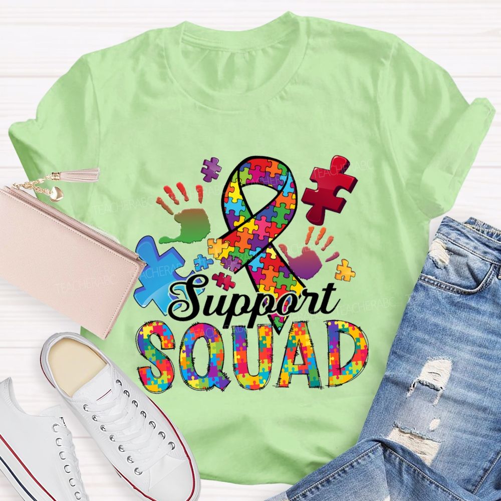 Support Squad Colorful Ribbon Heart Puzzle Teacher T-Shirt