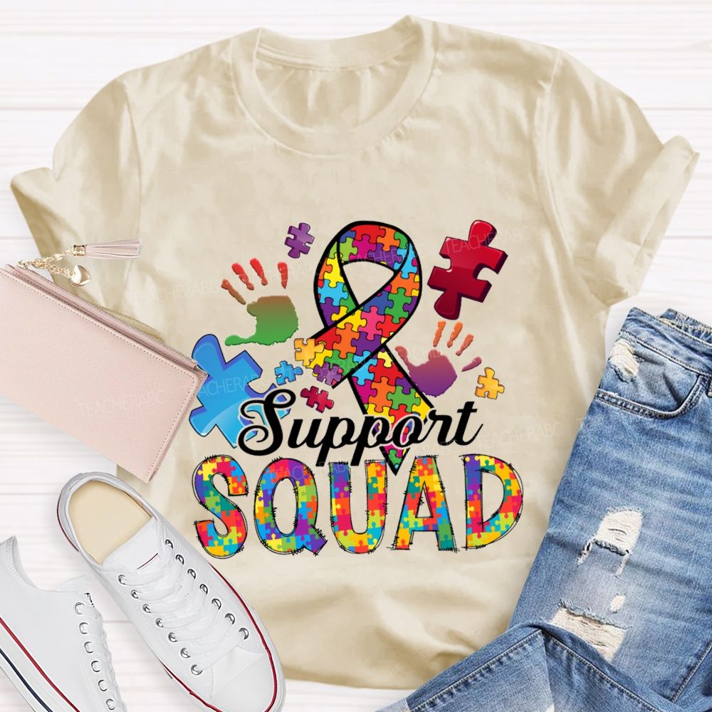 Support Squad Colorful Ribbon Heart Puzzle Teacher T-Shirt