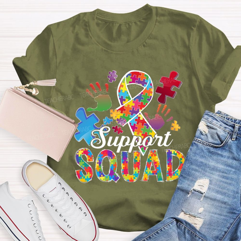 Support Squad Colorful Ribbon Heart Puzzle Teacher T-Shirt
