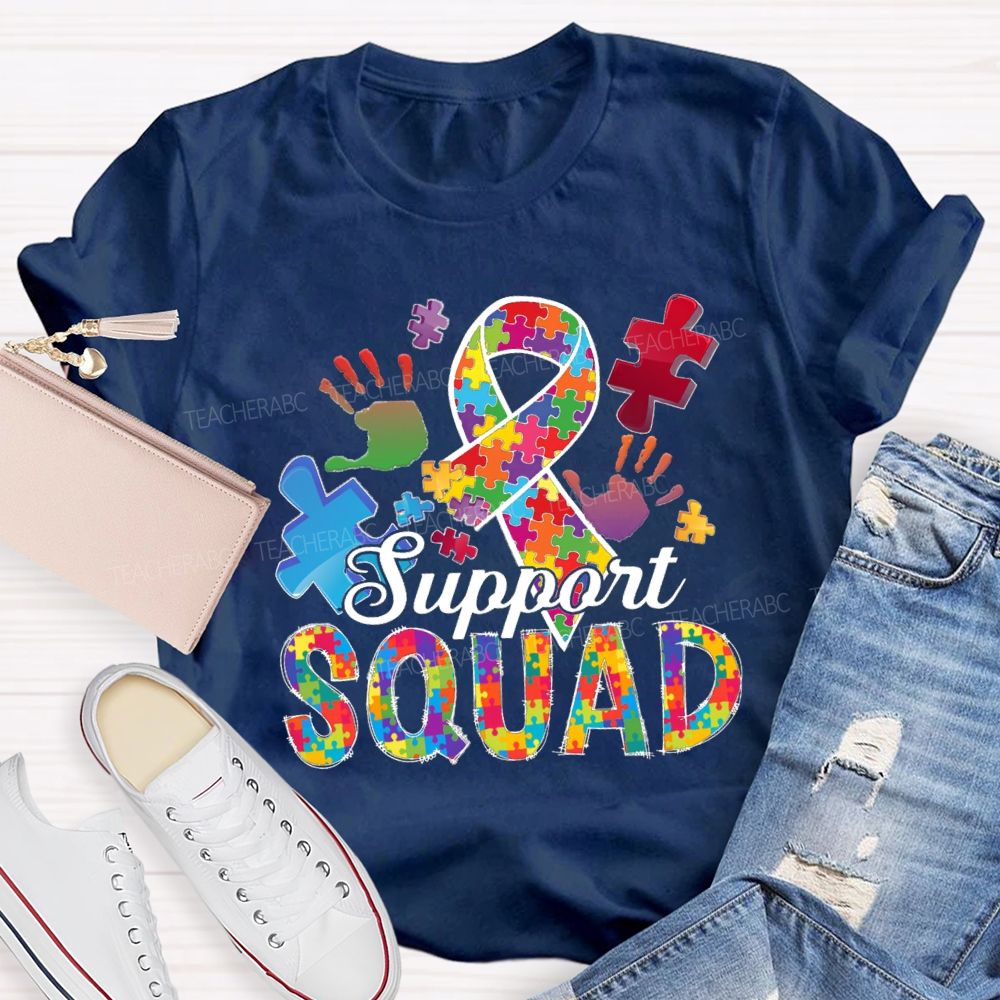 Support Squad Colorful Ribbon Heart Puzzle Teacher T-Shirt