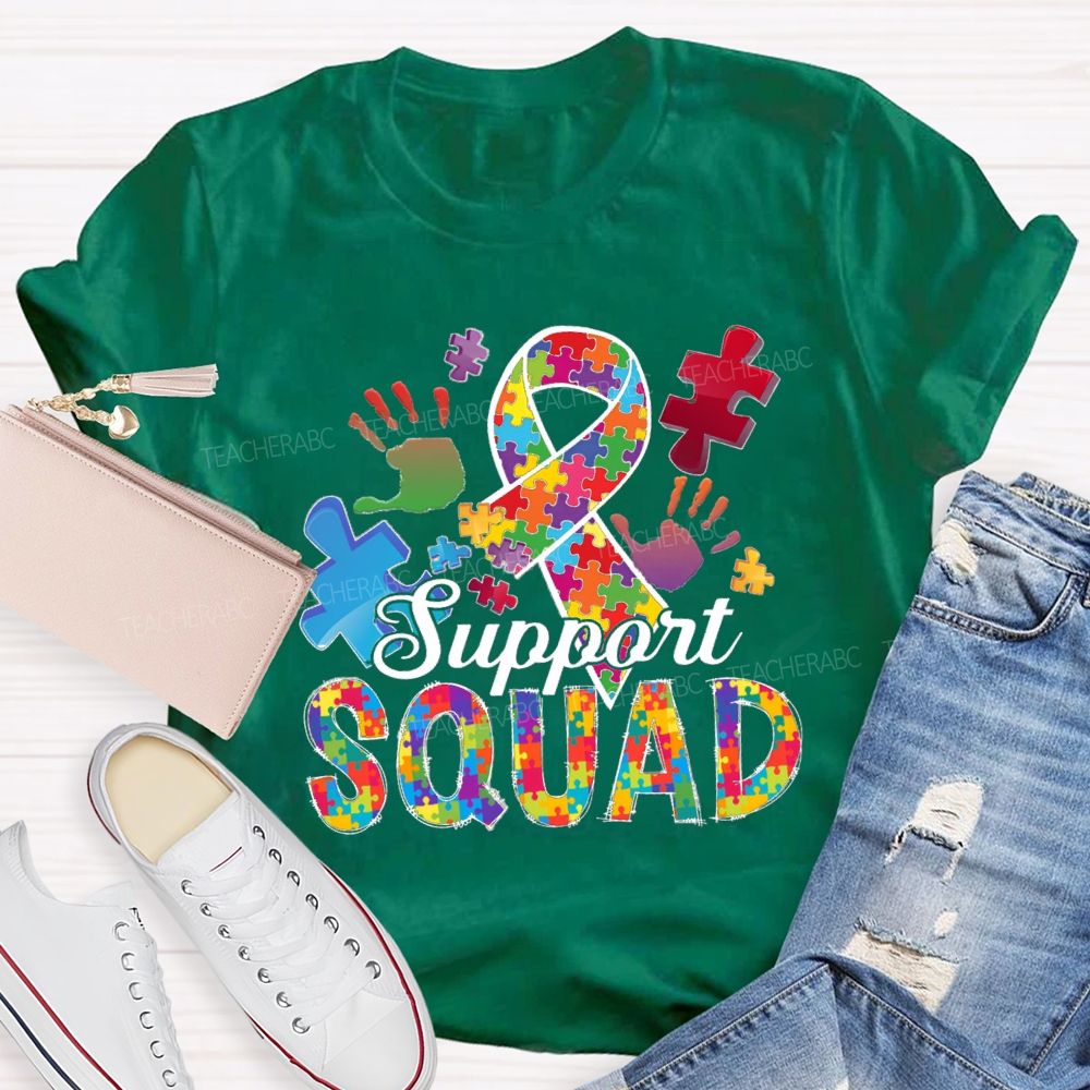 Support Squad Colorful Ribbon Heart Puzzle Teacher T-Shirt