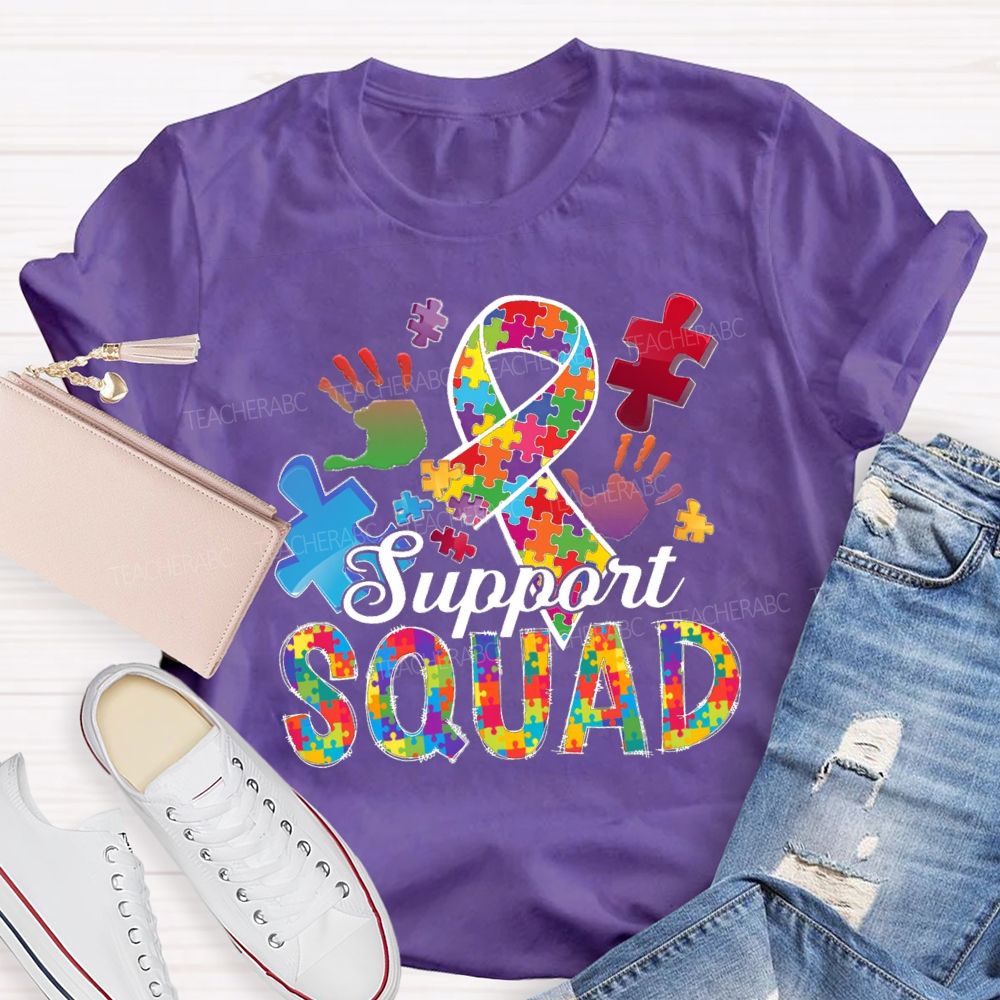 Support Squad Colorful Ribbon Heart Puzzle Teacher T-Shirt