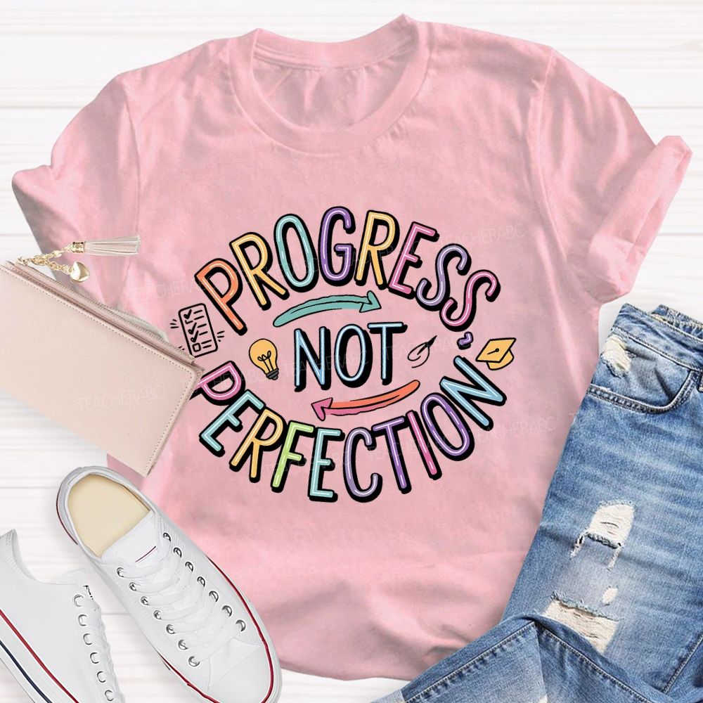 Progress Not Perfection Colorful Letters Light Bulb  Teacher T-shirt
