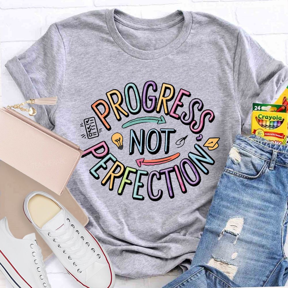 Progress Not Perfection Colorful Letters Light Bulb  Teacher T-shirt