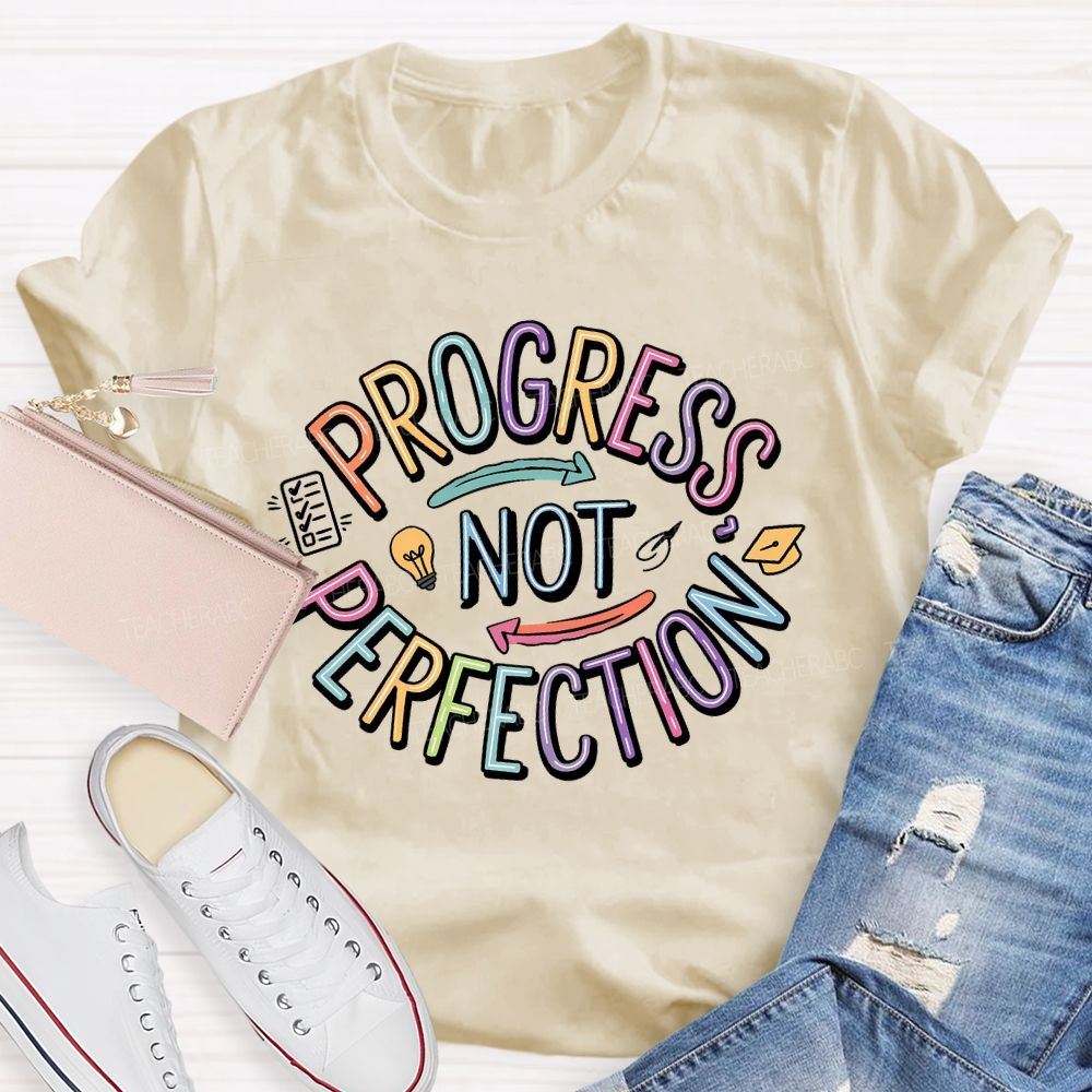 Progress Not Perfection Colorful Letters Light Bulb  Teacher T-shirt