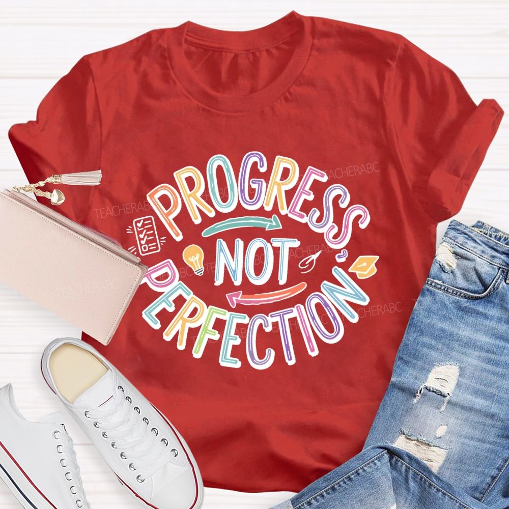 Progress Not Perfection Colorful Letters Light Bulb  Teacher T-shirt
