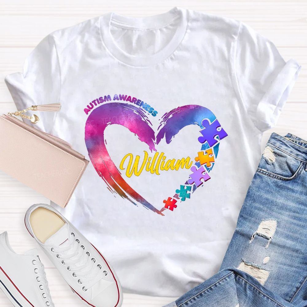 Personalized Name Autism Awareness Gradient Heart  Teacher T-Shirt
