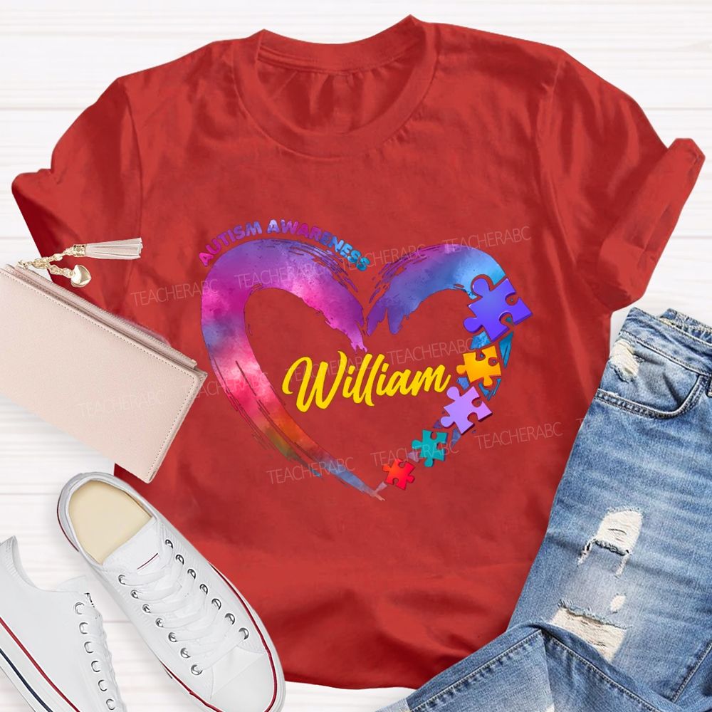 Personalized Name Autism Awareness Gradient Heart  Teacher T-Shirt