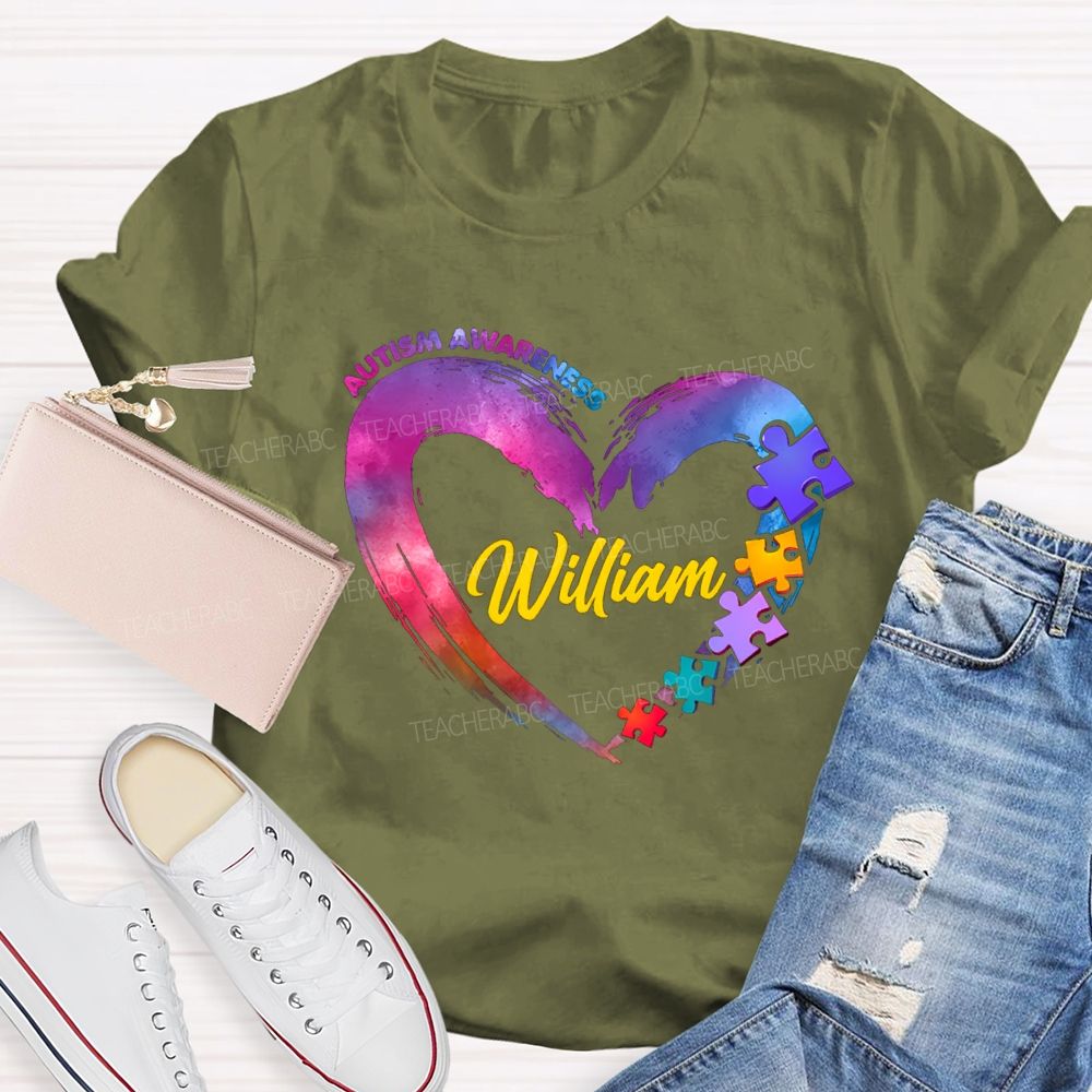 Personalized Name Autism Awareness Gradient Heart  Teacher T-Shirt