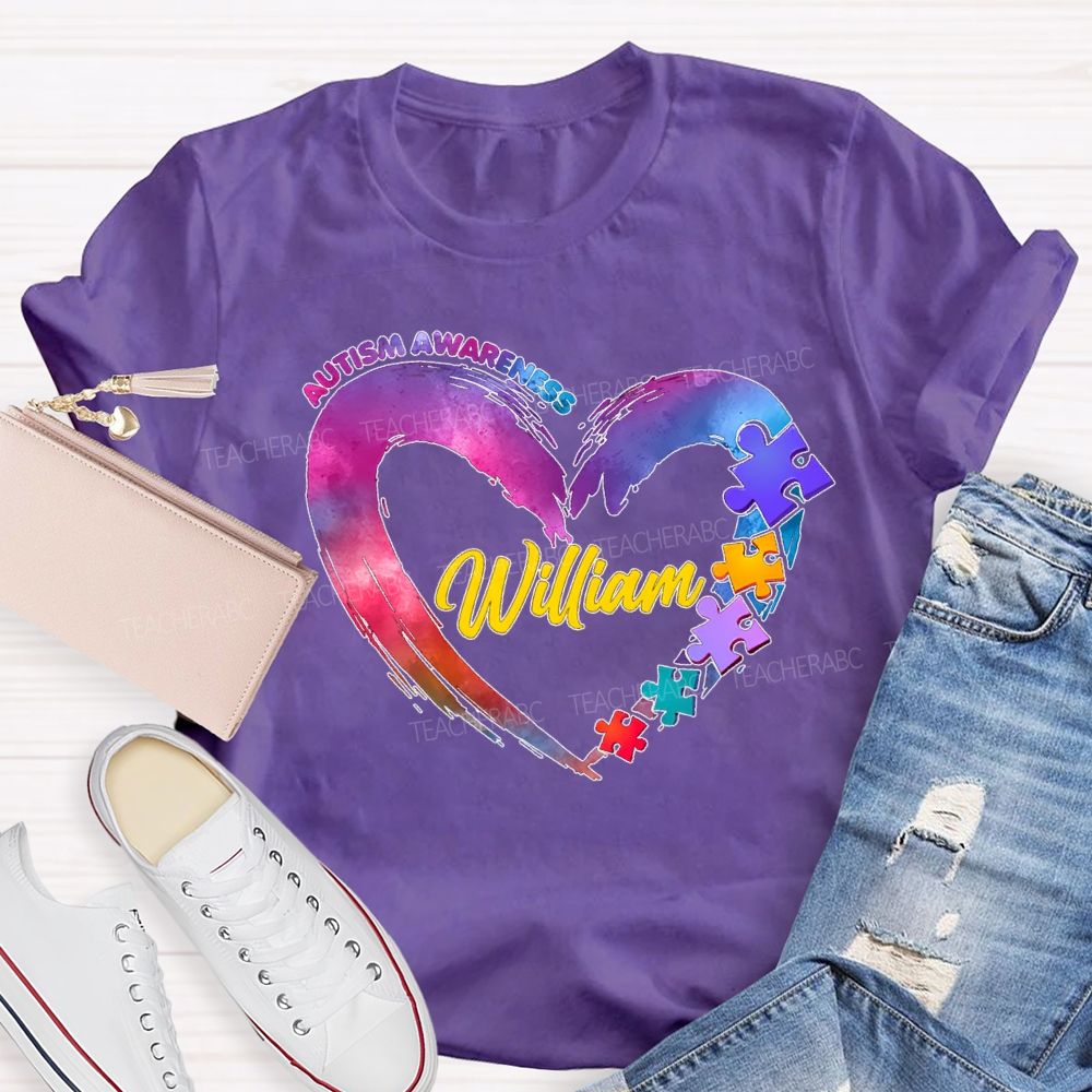 Personalized Name Autism Awareness Gradient Heart  Teacher T-Shirt