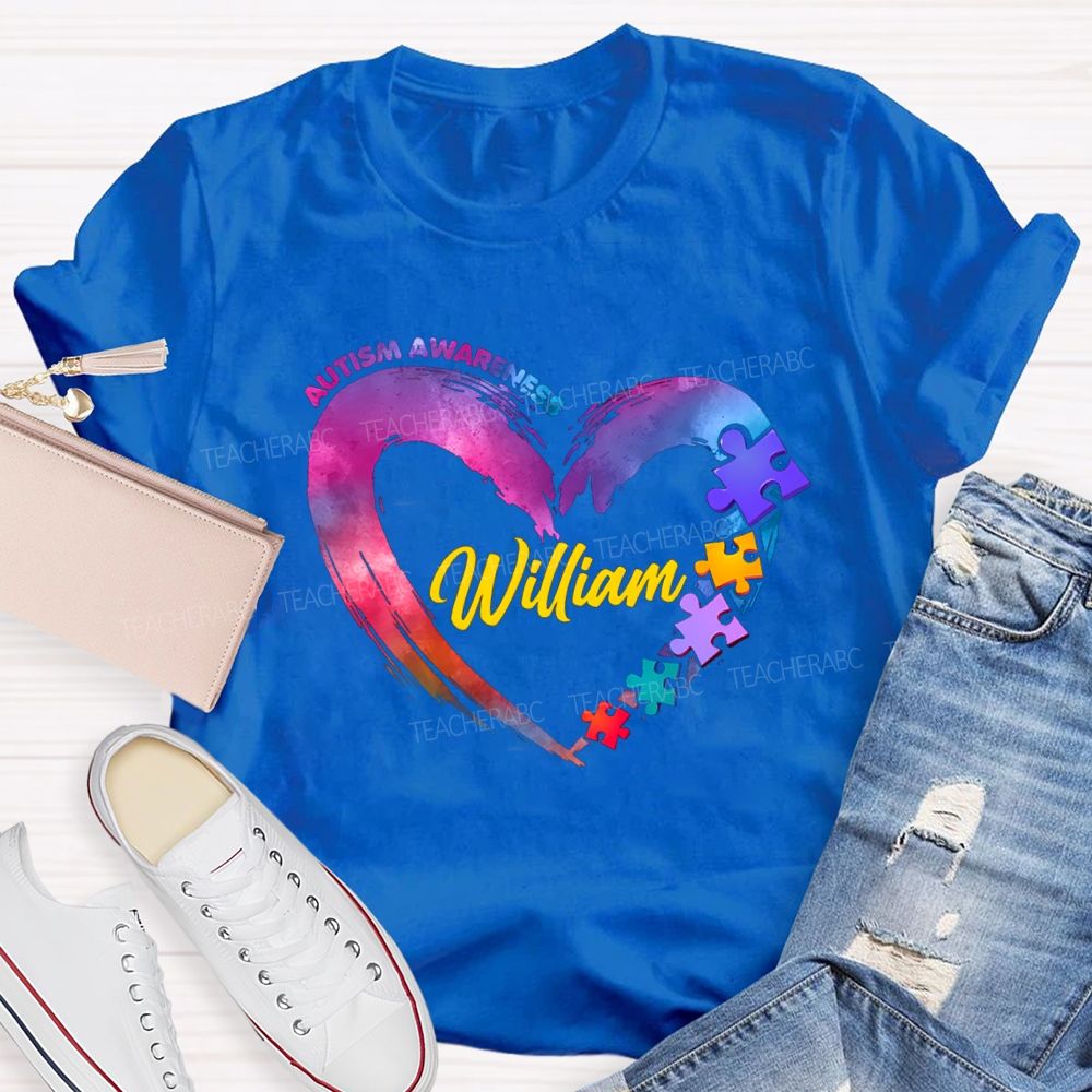 Personalized Name Autism Awareness Gradient Heart  Teacher T-Shirt