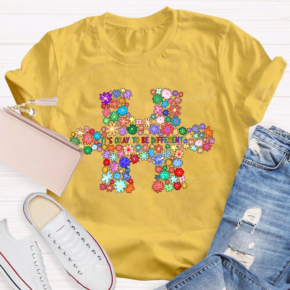 It's Okay To Be Different Colorful Flowers Puzzle Teacher T-Shirt